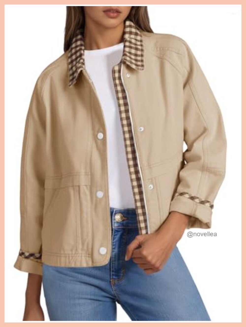 Womens Cropped Barn Jacket 100% Cotton Zip Up Lightweight Plaid Accent